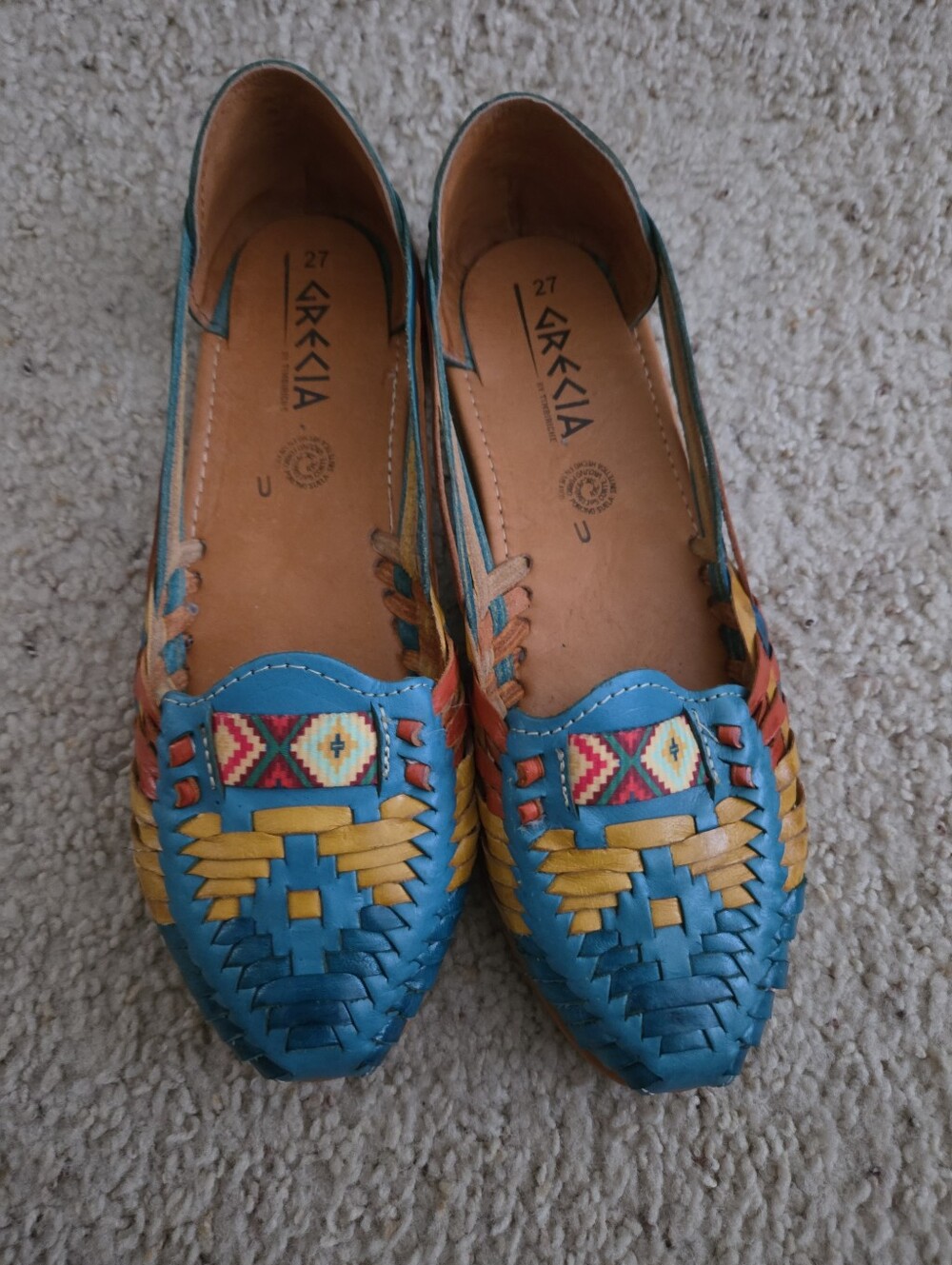 Grecia Mexican Huaraches Woven Leather Sandals Multicolor Blue Yellow Size 10‎